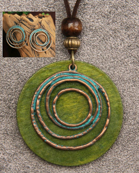 Boho Green and Copper Spiral Long Pendant Necklace