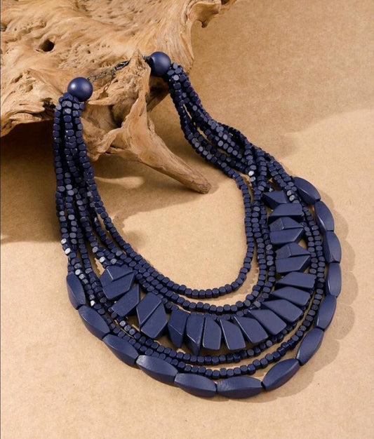 Wooden Geometric Necklace - Dark Blue